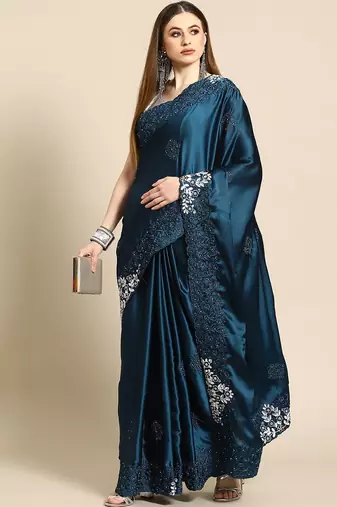 Blue blue floral embroidered satin saree