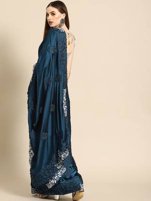Blue blue floral embroidered satin saree 3