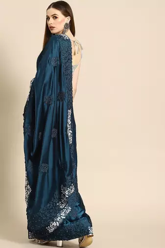 Blue blue floral embroidered satin saree