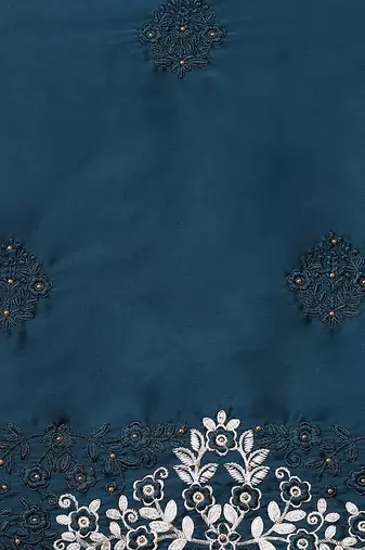 Blue blue floral embroidered satin saree