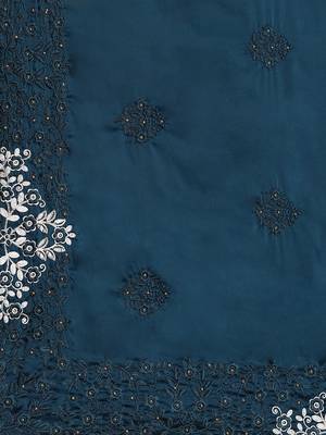 Blue blue floral embroidered satin saree 5