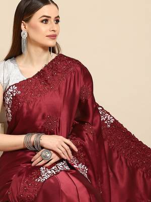 Maroon maroon ethnic motifs embroidered satin saree 1
