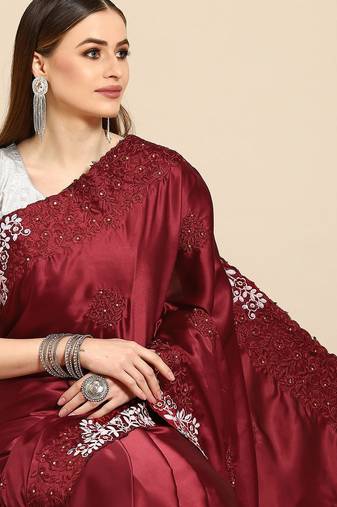 Maroon maroon ethnic motifs embroidered satin saree