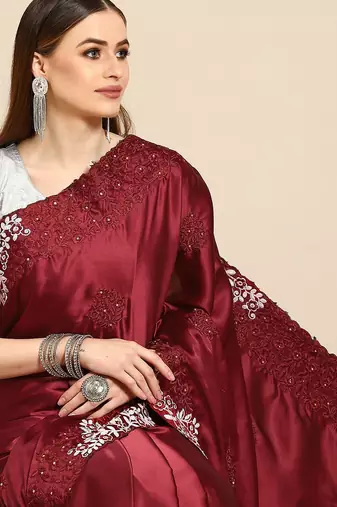 Maroon maroon ethnic motifs embroidered satin saree