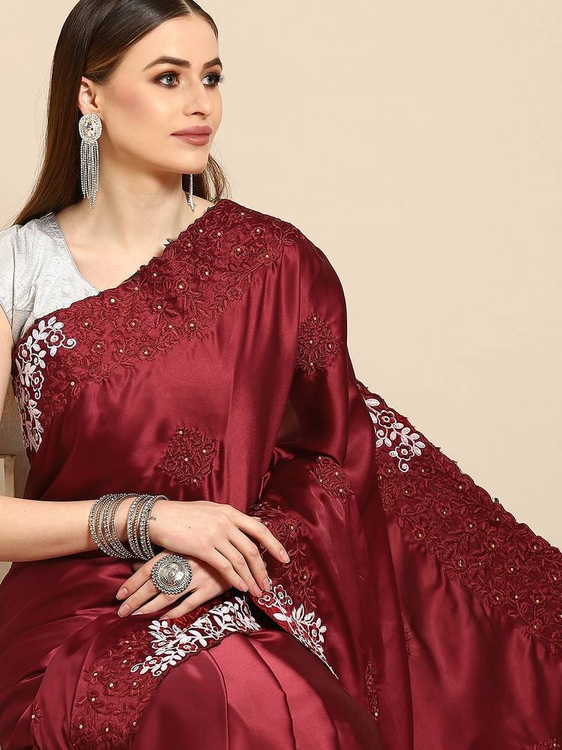 Maroon maroon ethnic motifs embroidered satin saree