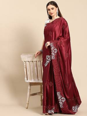 Maroon maroon ethnic motifs embroidered satin saree 2