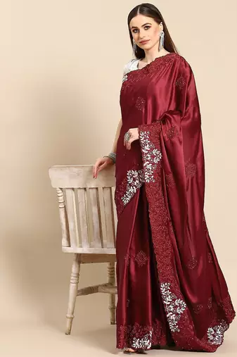 Maroon maroon ethnic motifs embroidered satin saree