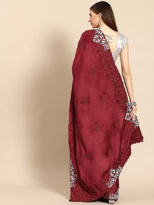 Maroon maroon ethnic motifs embroidered satin saree 3