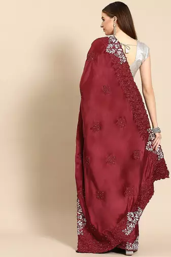Maroon maroon ethnic motifs embroidered satin saree