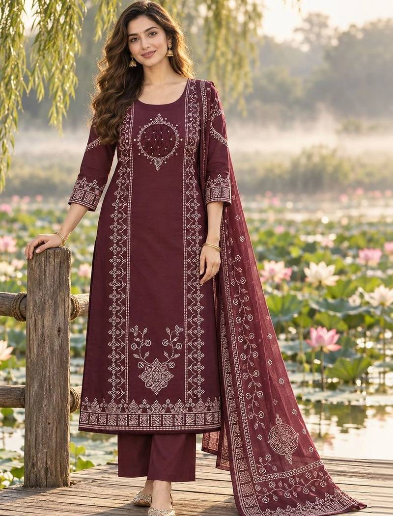 women ethnic motifs embroidered regular mirror work  cotton kurta with trousers & with