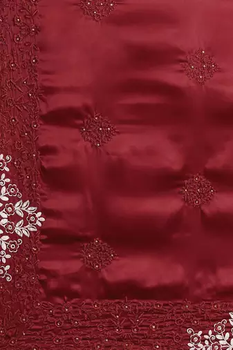 Maroon maroon ethnic motifs embroidered satin saree