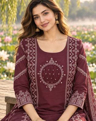 women ethnic motifs embroidered regular mirror work  cotton kurta with trousers & with 3