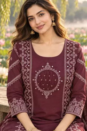 women ethnic motifs embroidered regular mirror work  cotton kurta with trousers & with