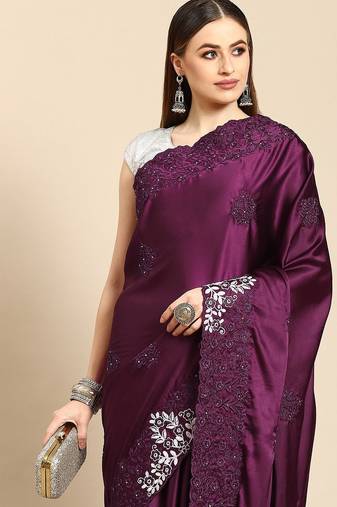 Burgundy burgundy & white floral embroidered satin saree