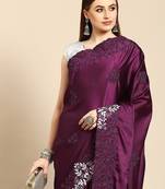Burgundy burgundy & white floral embroidered satin saree