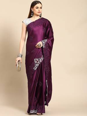 Burgundy burgundy & white floral embroidered satin saree 2