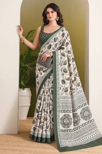Green batik printed silk blend ready to wear saree