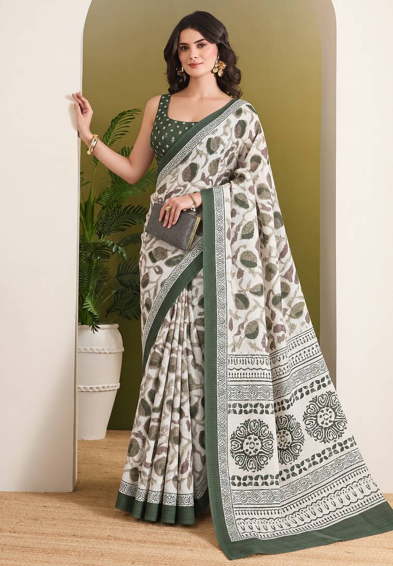 Green batik printed silk blend ready to wear saree
