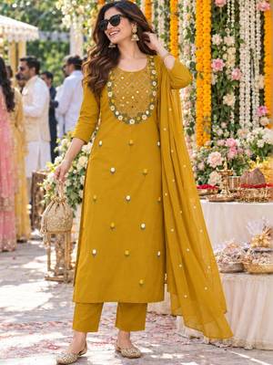 women embroidered mirror work  cotton kurta with trousers & with dupatta 1