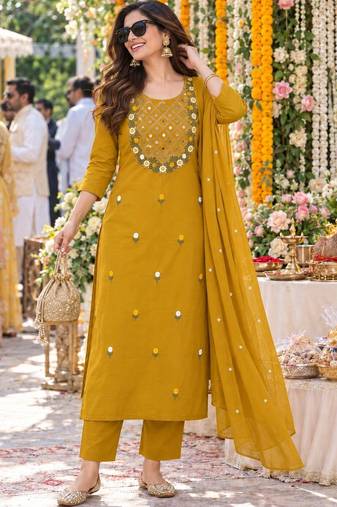women embroidered mirror work  cotton kurta with trousers & with dupatta