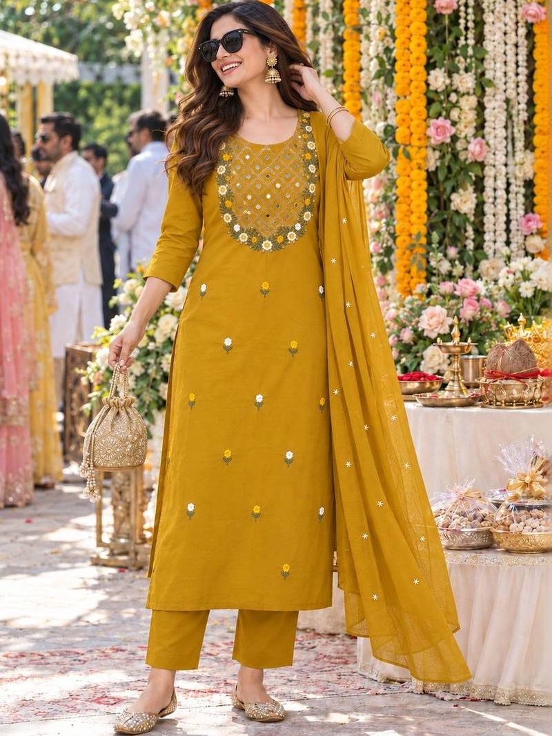 women embroidered mirror work  cotton kurta with trousers & with dupatta