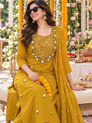 women embroidered mirror work  cotton kurta with trousers & with dupatta 3