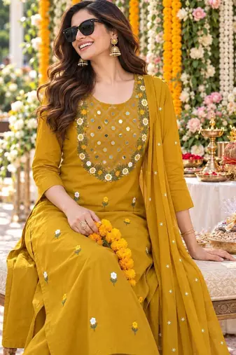 women embroidered mirror work  cotton kurta with trousers & with dupatta