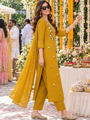 women embroidered mirror work  cotton kurta with trousers & with dupatta 4