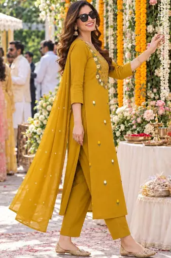 women embroidered mirror work  cotton kurta with trousers & with dupatta
