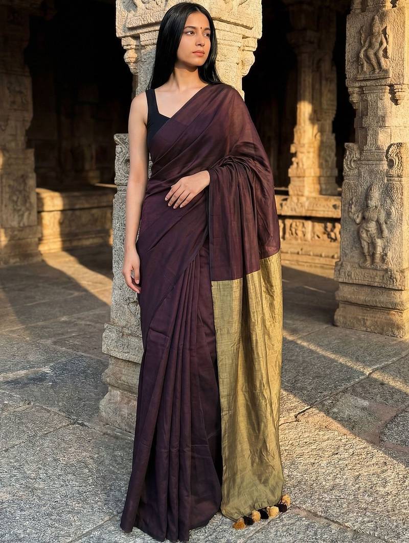 Brown  cotton khadi saree with blouse