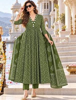 women ethnic motifs printed empire mirror work  cotton kurta with trousers & with dupatta 1