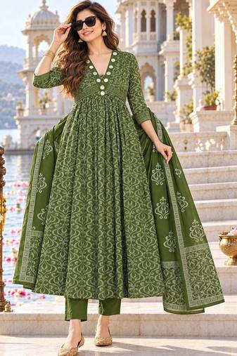 women ethnic motifs printed empire mirror work  cotton kurta with trousers & with dupatta