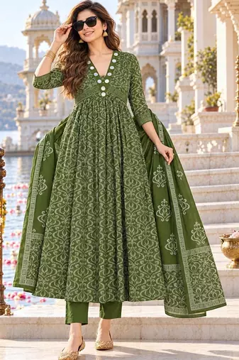 women ethnic motifs printed empire mirror work  cotton kurta with trousers & with dupatta