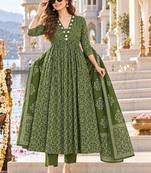 women ethnic motifs printed empire mirror work  cotton kurta with trousers & with dupatta