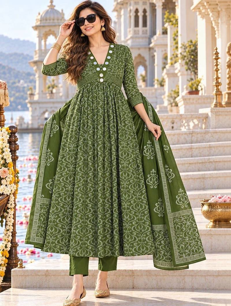 women ethnic motifs printed empire mirror work  cotton kurta with trousers & with dupatta