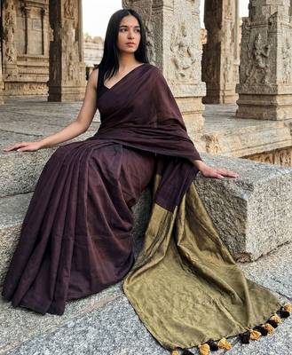 Brown  cotton khadi saree with blouse 5