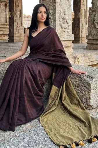 Brown  cotton khadi saree with blouse