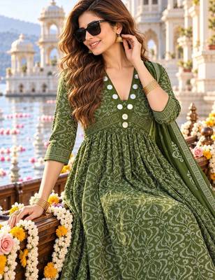 women ethnic motifs printed empire mirror work  cotton kurta with trousers & with dupatta 2