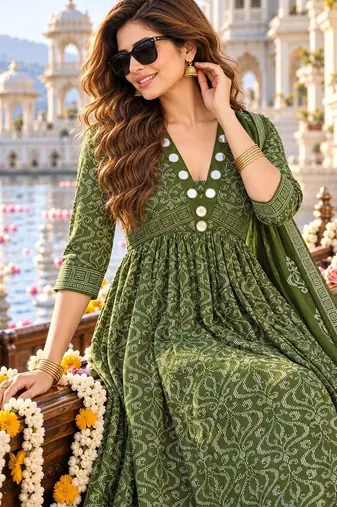 women ethnic motifs printed empire mirror work  cotton kurta with trousers & with dupatta