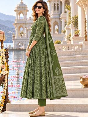 women ethnic motifs printed empire mirror work  cotton kurta with trousers & with dupatta 3