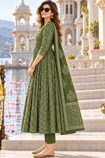 women ethnic motifs printed empire mirror work  cotton kurta with trousers & with dupatta