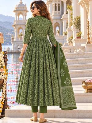 women ethnic motifs printed empire mirror work  cotton kurta with trousers & with dupatta 4