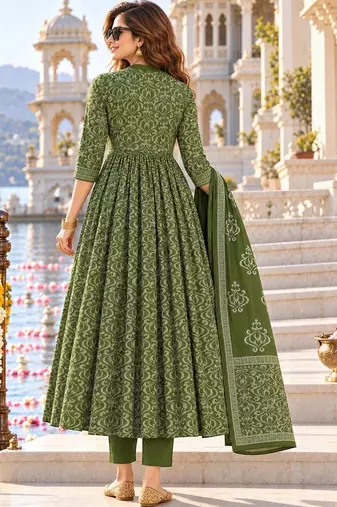 women ethnic motifs printed empire mirror work  cotton kurta with trousers & with dupatta