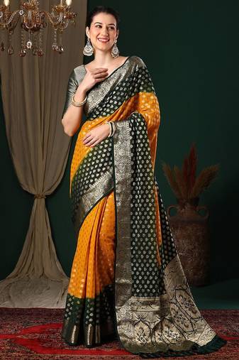 Yellow yellow ethnic motifs woven design zari  georgette kanjeevaram saree