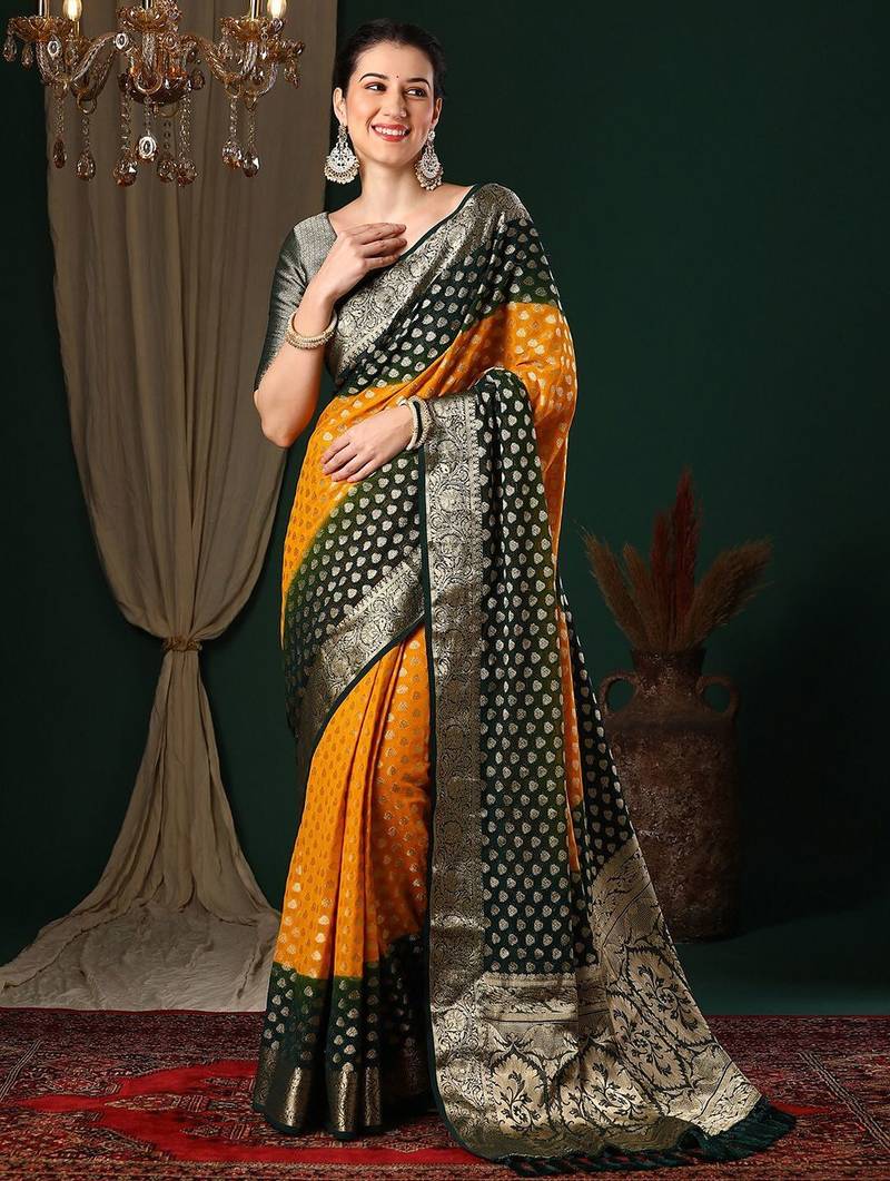 Yellow yellow ethnic motifs woven design zari  georgette kanjeevaram saree