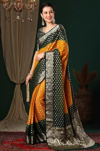Yellow yellow ethnic motifs woven design zari  georgette kanjeevaram saree