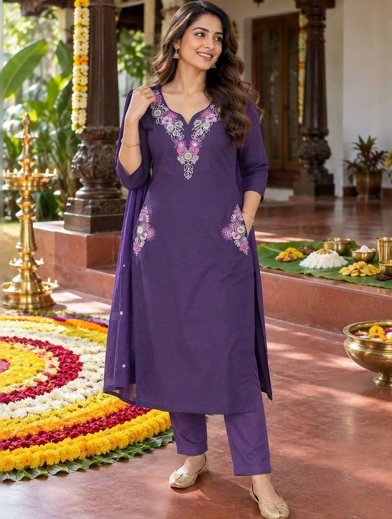 women ethnic motifs embroidered regular mirror work  cotton kurta with trousers & with