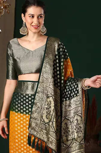 Yellow yellow ethnic motifs woven design zari  georgette kanjeevaram saree