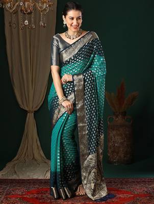 Blue blue ethnic motifs woven design zari  georgette kanjeevaram saree 1