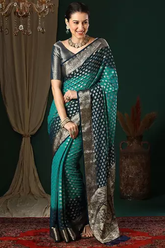 Blue blue ethnic motifs woven design zari  georgette kanjeevaram saree